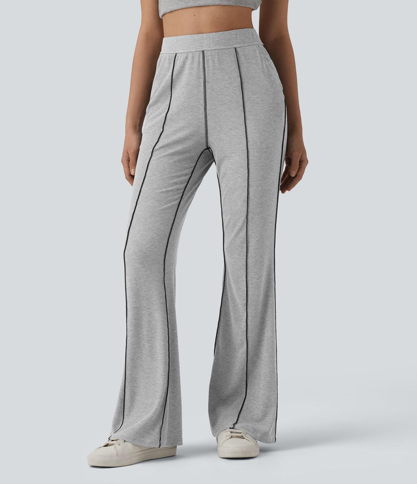 High Stretch Ribbed Knit High Waisted Color Block Top-stitching Casual Flare Leggings with Pockets