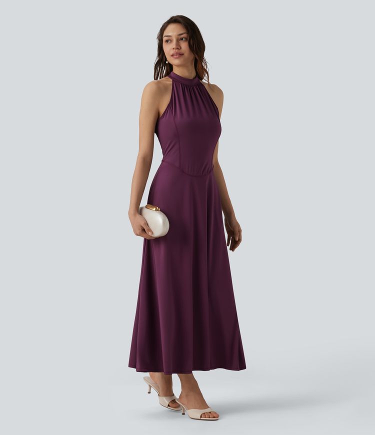 Mock Neck Sleeveless Invisible Zipper Maxi Cool Touch Bridesmaid And Wedding Guest Flowy Dress with Pockets