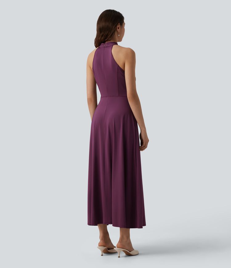 Mock Neck Sleeveless Invisible Zipper Maxi Cool Touch Bridesmaid And Wedding Guest Flowy Dress with Pockets