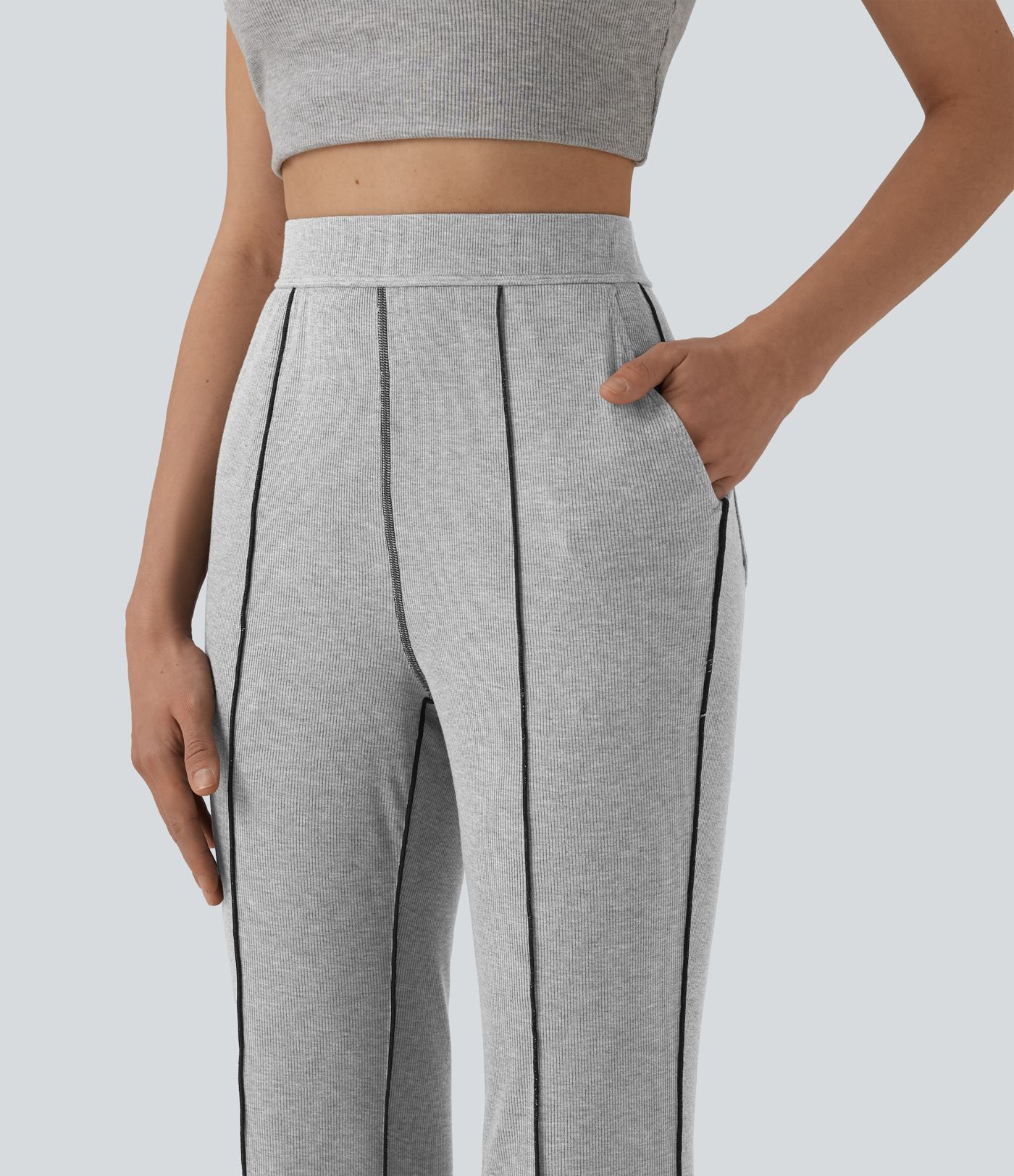 High Stretch Ribbed Knit High Waisted Color Block Top-stitching Casual Flare Leggings with Pockets