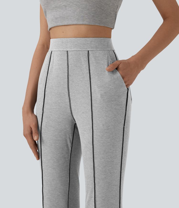 High Stretch Ribbed Knit High Waisted Color Block Top-stitching Casual Flare Leggings with Pockets
