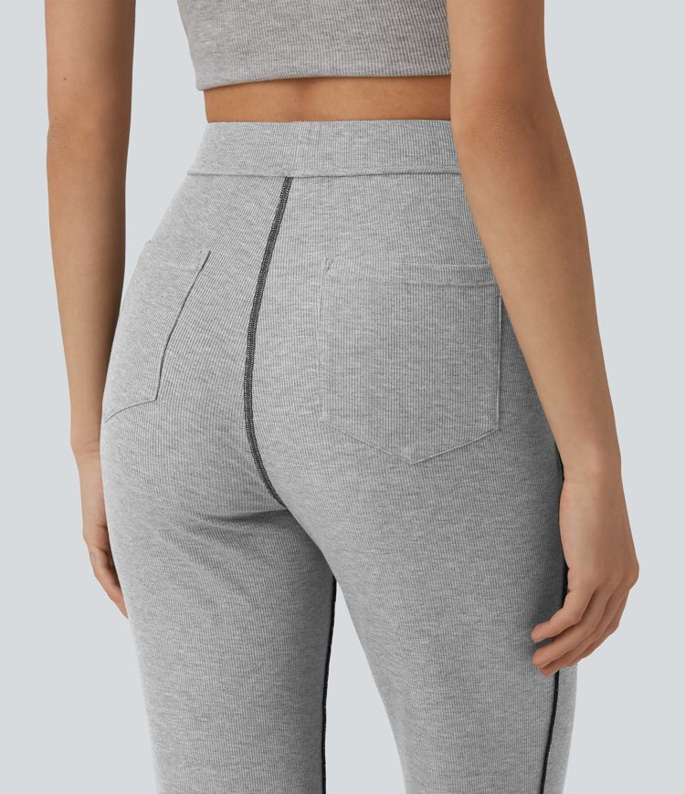 High Stretch Ribbed Knit High Waisted Color Block Top-stitching Casual Flare Leggings with Pockets