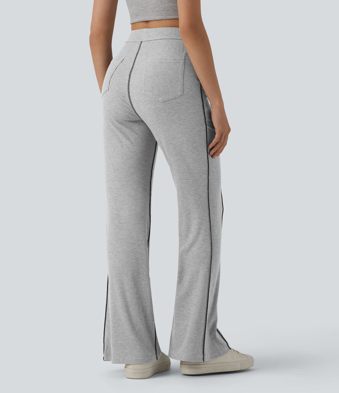 High Stretch Ribbed Knit High Waisted Color Block Top-stitching Casual Flare Leggings with Pockets