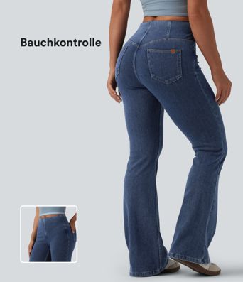 Halara Flex™ - Lässige Flare-Jeans mit mittelhohem Bund, Gesäßtaschen und Bauchkontrolle