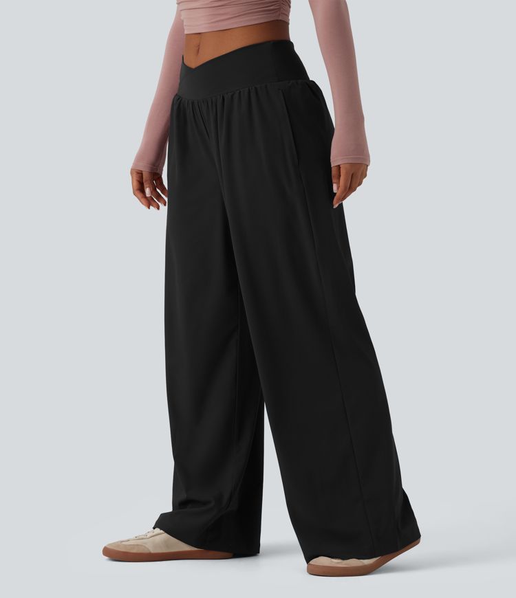 Crossover Low Rise Casual Baggy Trousers with Pockets