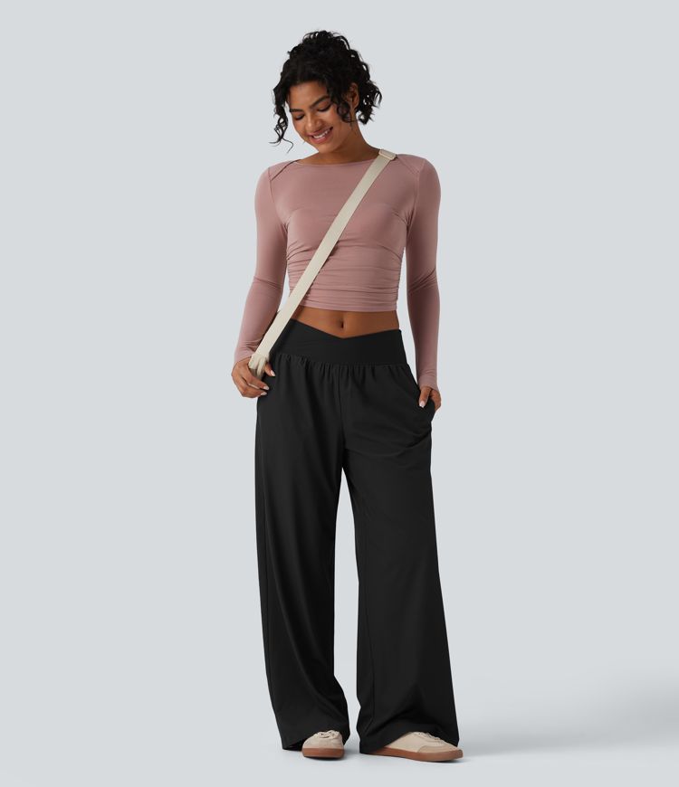 Crossover Low Rise Casual Baggy Trousers with Pockets