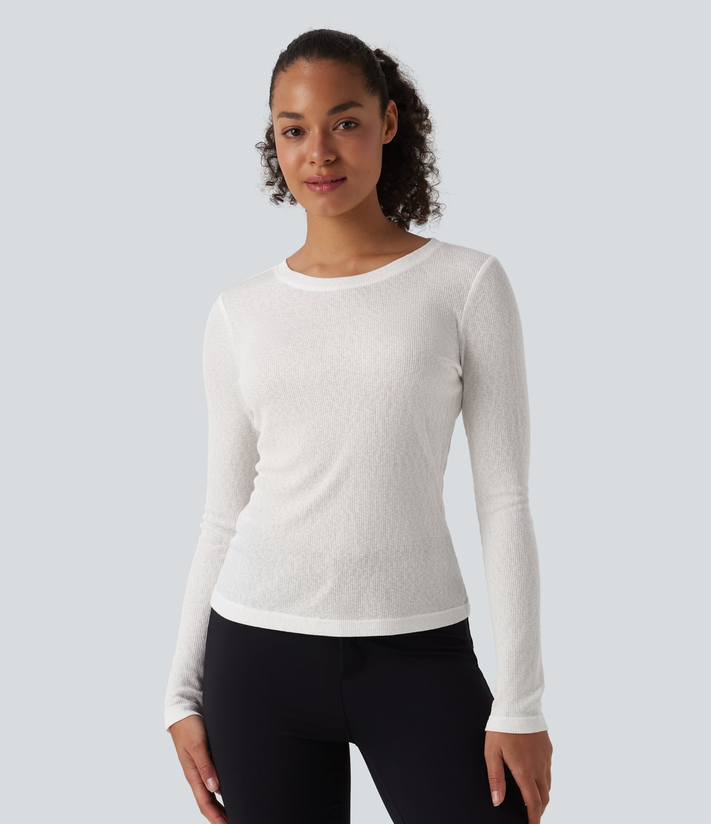 Semi Sheer Ribbed Knit Round Neck Long Sleeve Casual T-Shirt