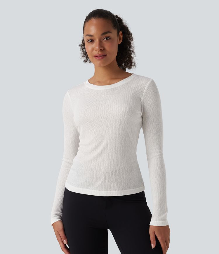 Semi Sheer Ribbed Knit Round Neck Long Sleeve Casual T-Shirt