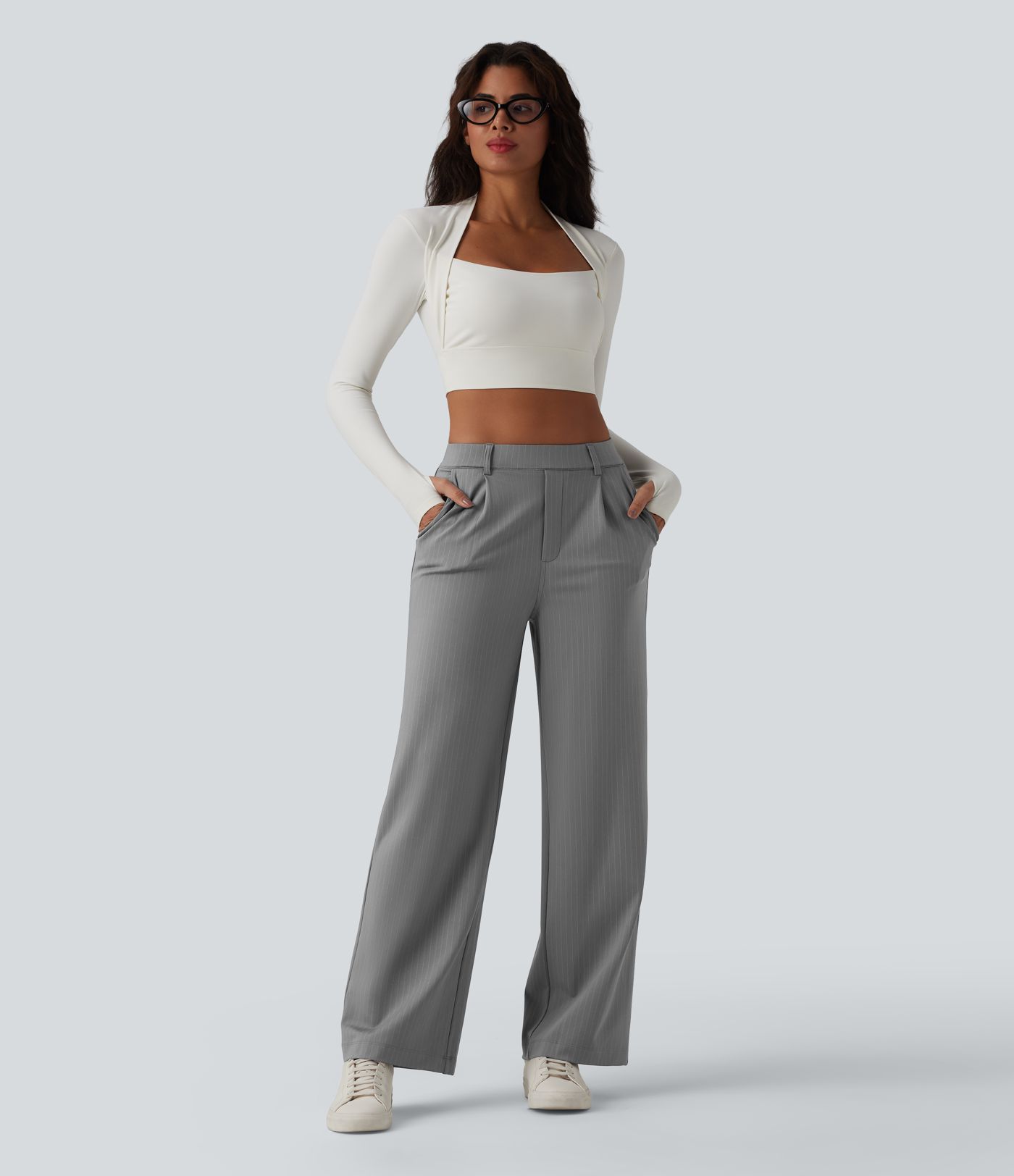 Pantalon tailleur droit taille haute à rayures avec poches