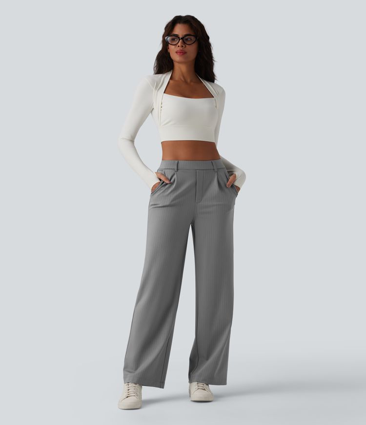 Pantalon tailleur droit taille haute à rayures avec poches