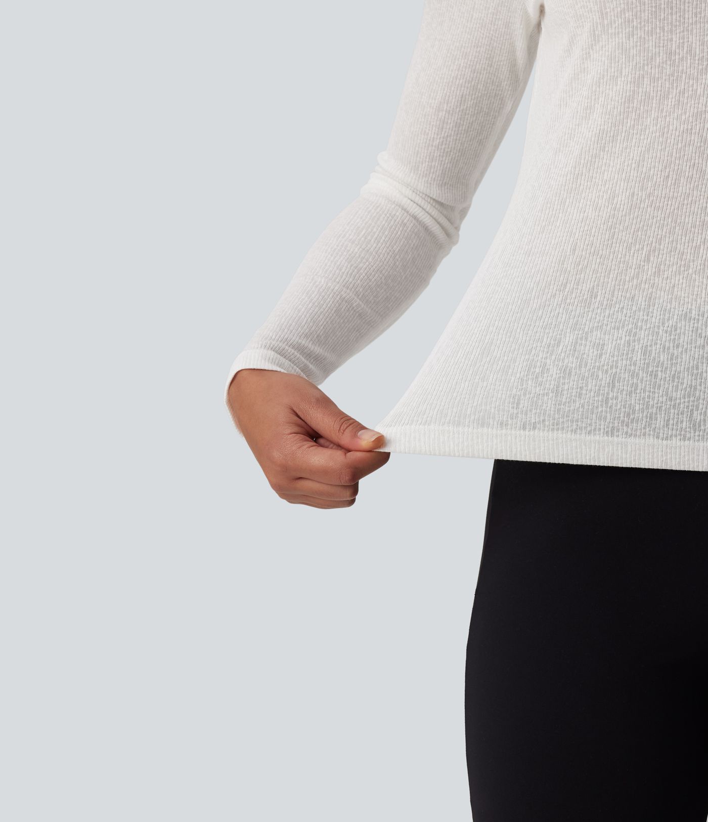 Semi Sheer Ribbed Knit Round Neck Long Sleeve Casual T-Shirt
