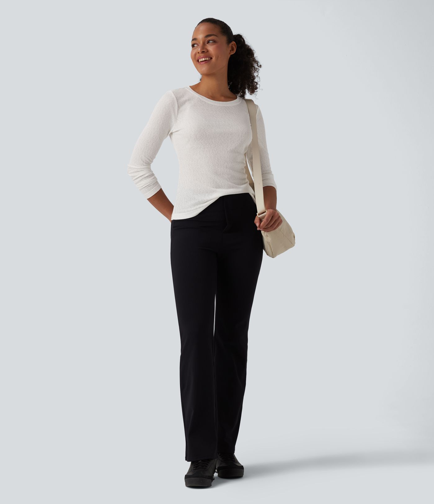 Semi Sheer Ribbed Knit Round Neck Long Sleeve Casual T-Shirt