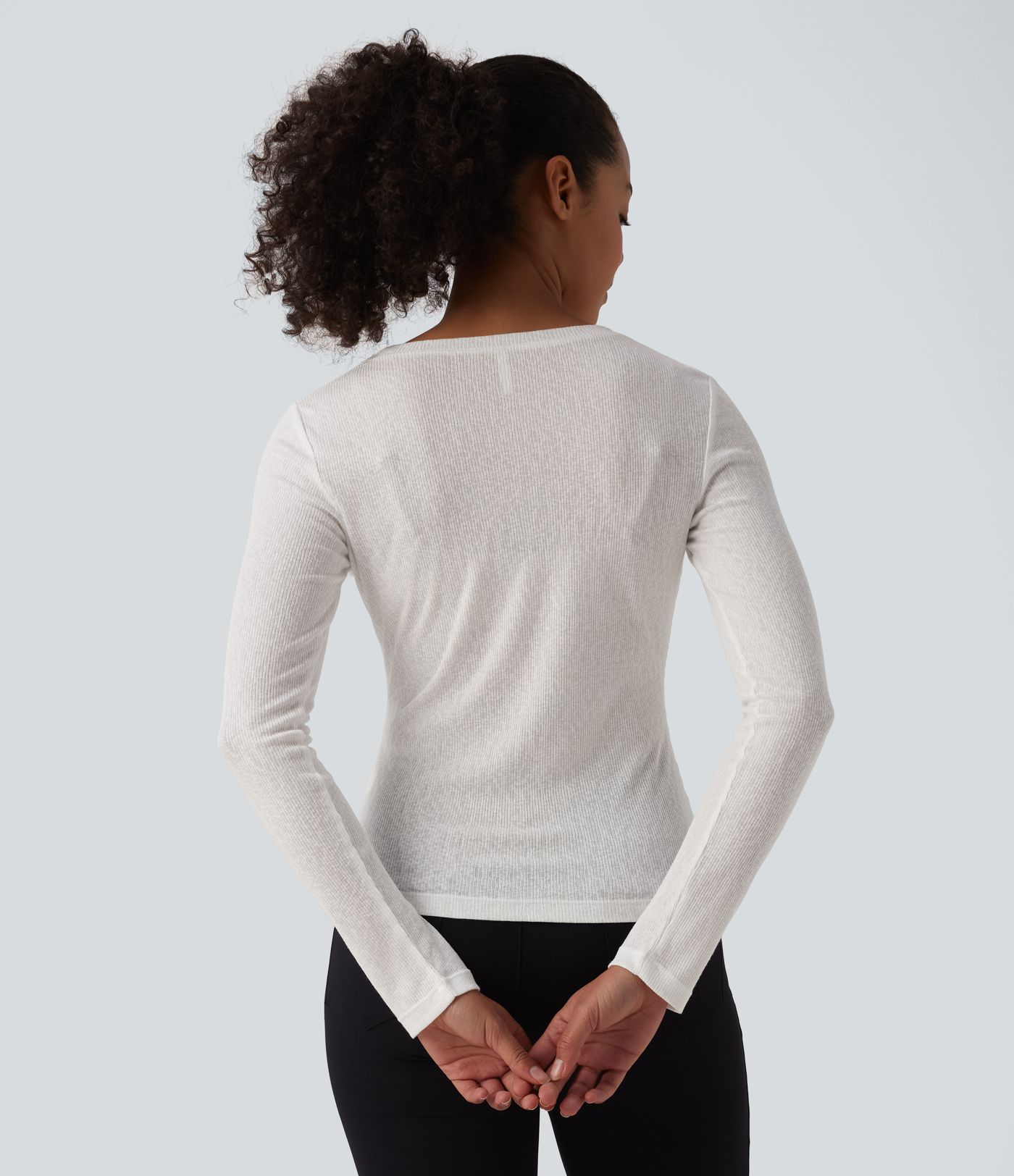 Semi Sheer Ribbed Knit Round Neck Long Sleeve Casual T-Shirt