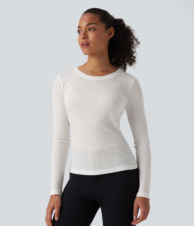 Semi Sheer Ribbed Knit Round Neck Long Sleeve Casual T-Shirt