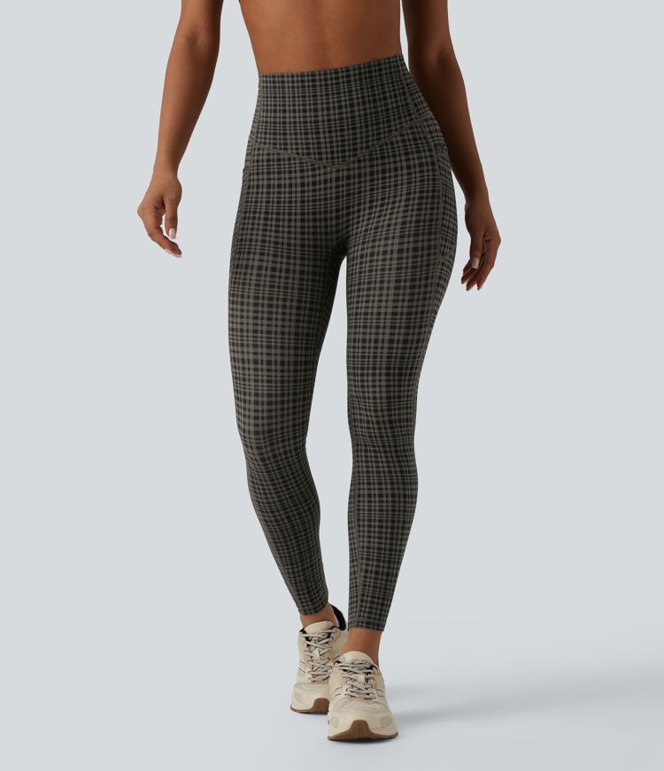 Halara UltraSculpt™ Plaid Print High Waisted Tummy Control Running Leggings with Pockets
