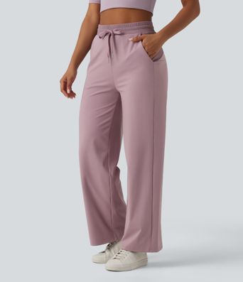 Pantalon ample décontracté SoftlyZero™ Airy taille haute avec cordon de serrage côtes contrastantes toucher frais et poches - UPF50+