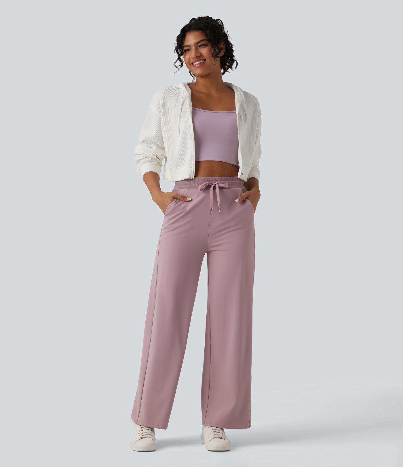 Pantalon ample décontracté SoftlyZero™ Airy taille haute avec cordon de serrage côtes contrastantes toucher frais et poches - UPF50+
