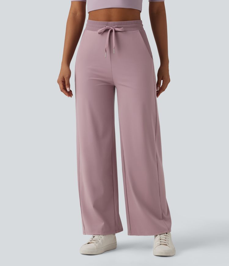 Pantalon ample décontracté SoftlyZero™ Airy taille haute avec cordon de serrage côtes contrastantes toucher frais et poches - UPF50+