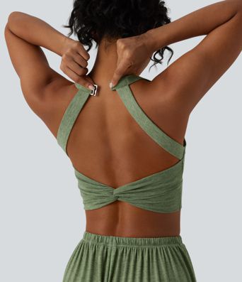 Backless Twisted Adjustable Buckle Skinny Cropped Heathered Casual Tank Top