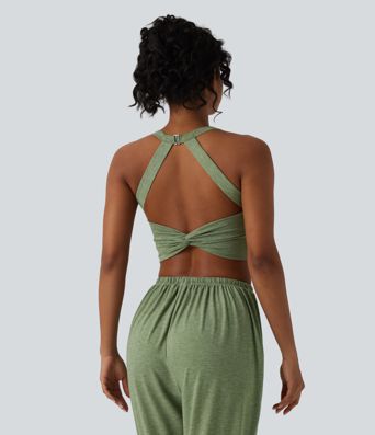 Backless Twisted Adjustable Buckle Skinny Cropped Heathered Casual Tank Top