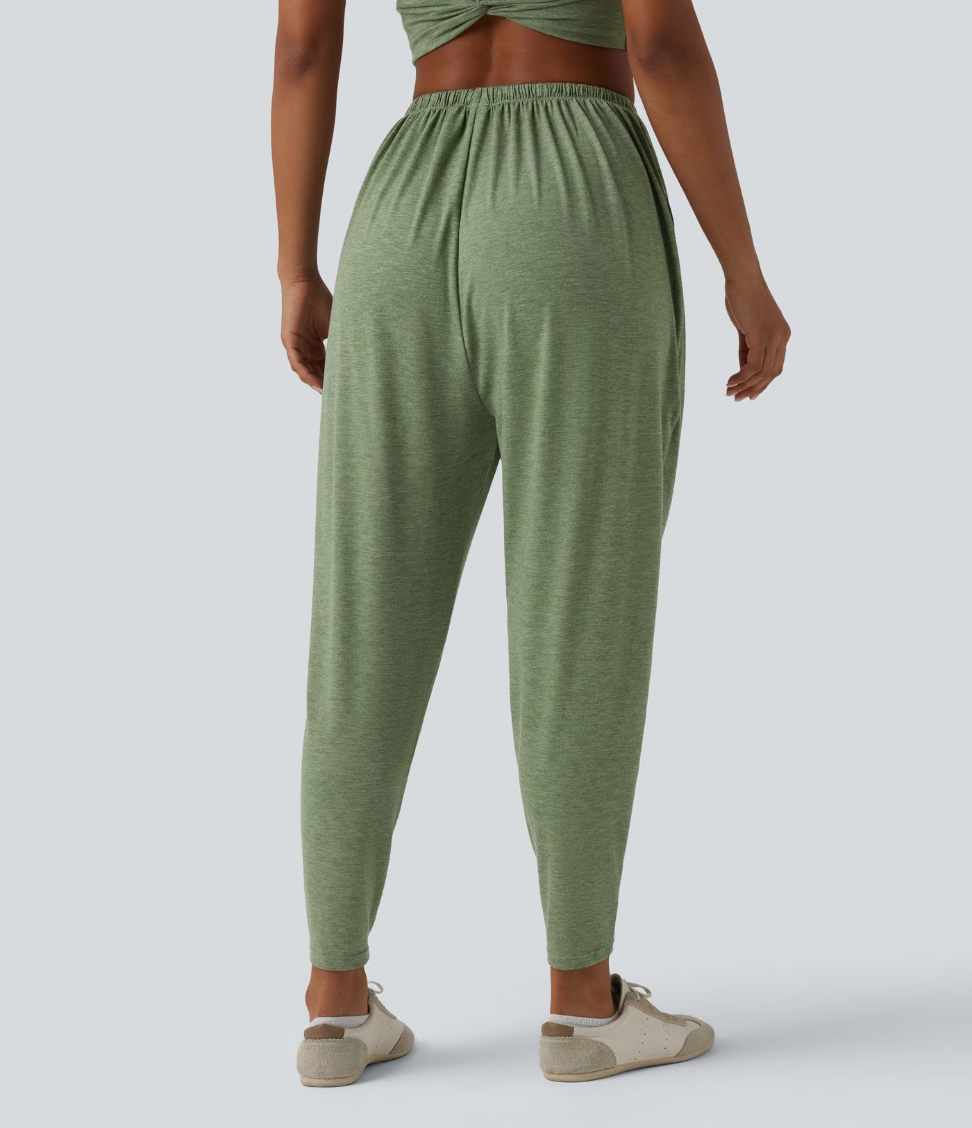 High Waisted Drawstring Heathered Casual Harem Pants with Pockets