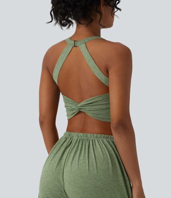 Backless Twisted Adjustable Buckle Skinny Cropped Heathered Casual Tank Top