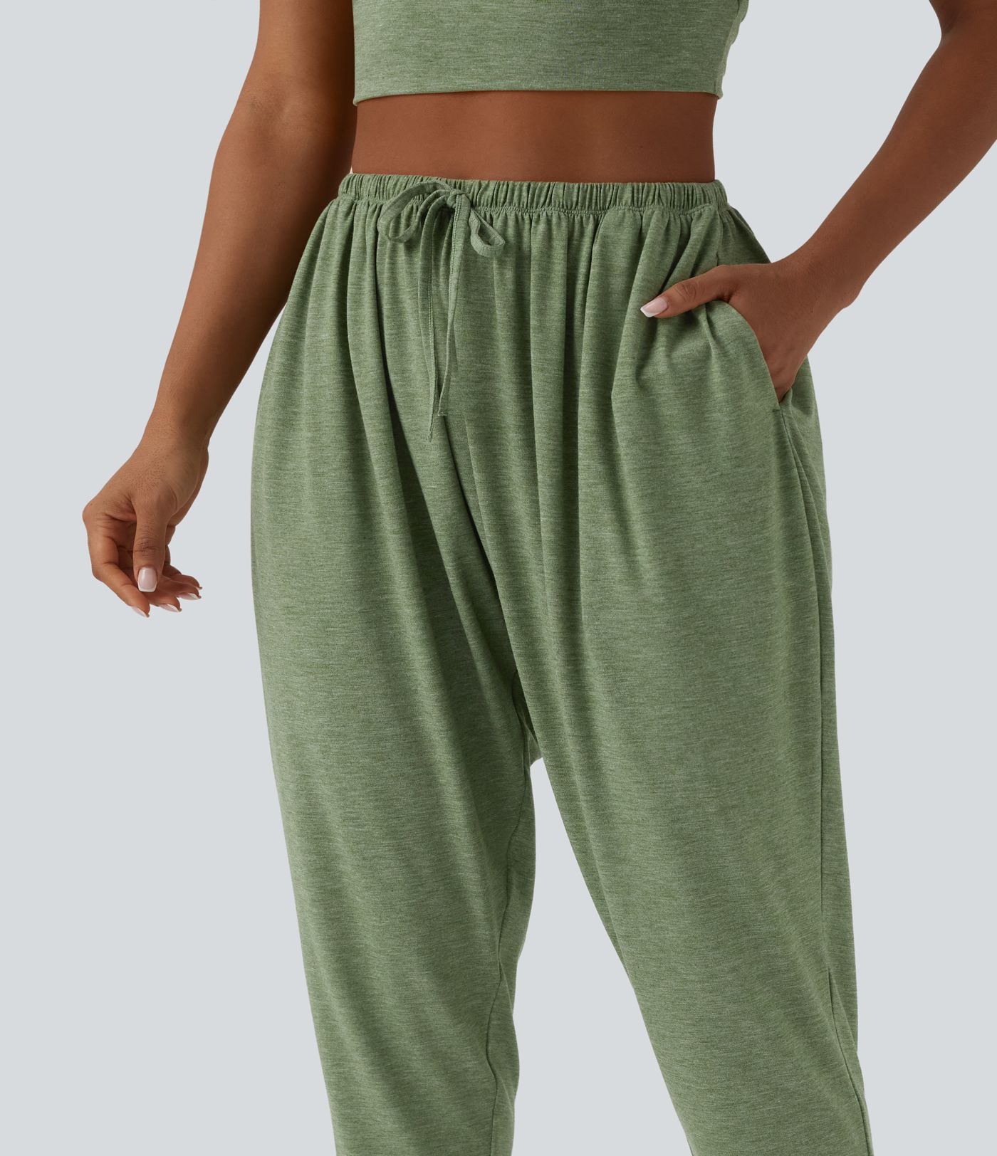 High Waisted Drawstring Heathered Casual Harem Pants with Pockets