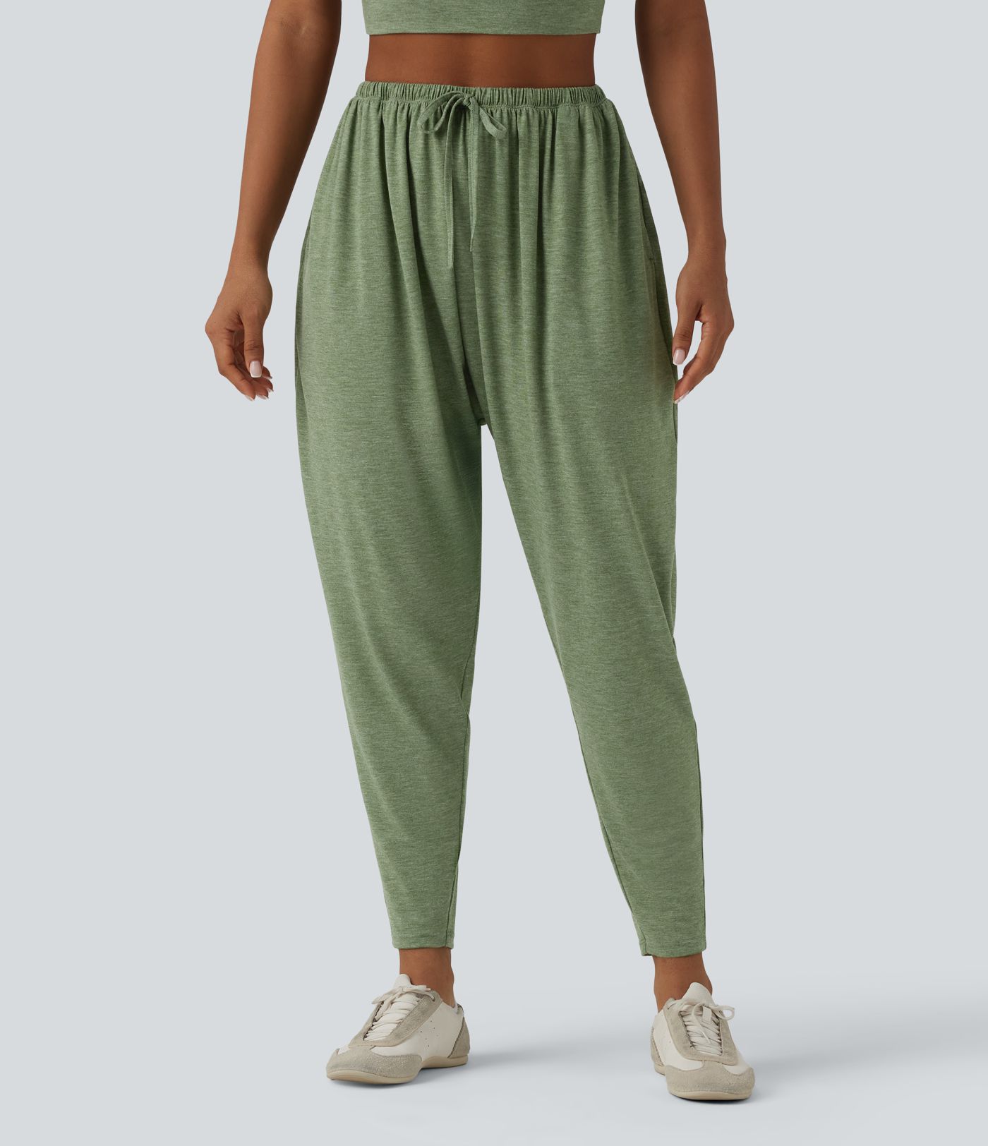 High Waisted Drawstring Heathered Casual Harem Pants with Pockets