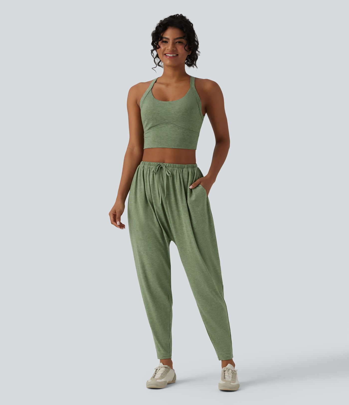 High Waisted Drawstring Heathered Casual Harem Pants with Pockets