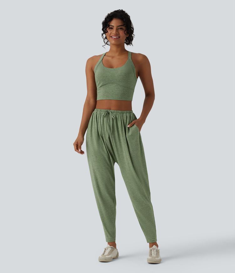 High Waisted Drawstring Heathered Casual Harem Pants with Pockets