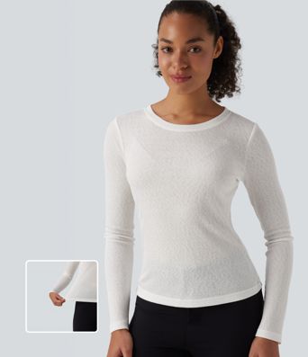 Semi Sheer Ribbed Knit Round Neck Long Sleeve Casual T-Shirt