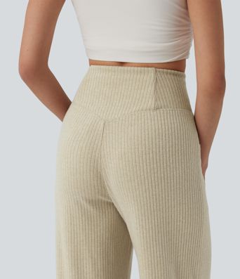 Ribbed Knit High Waisted Crossover Tummy Control Straight Leg Casual Pants with Pockets
