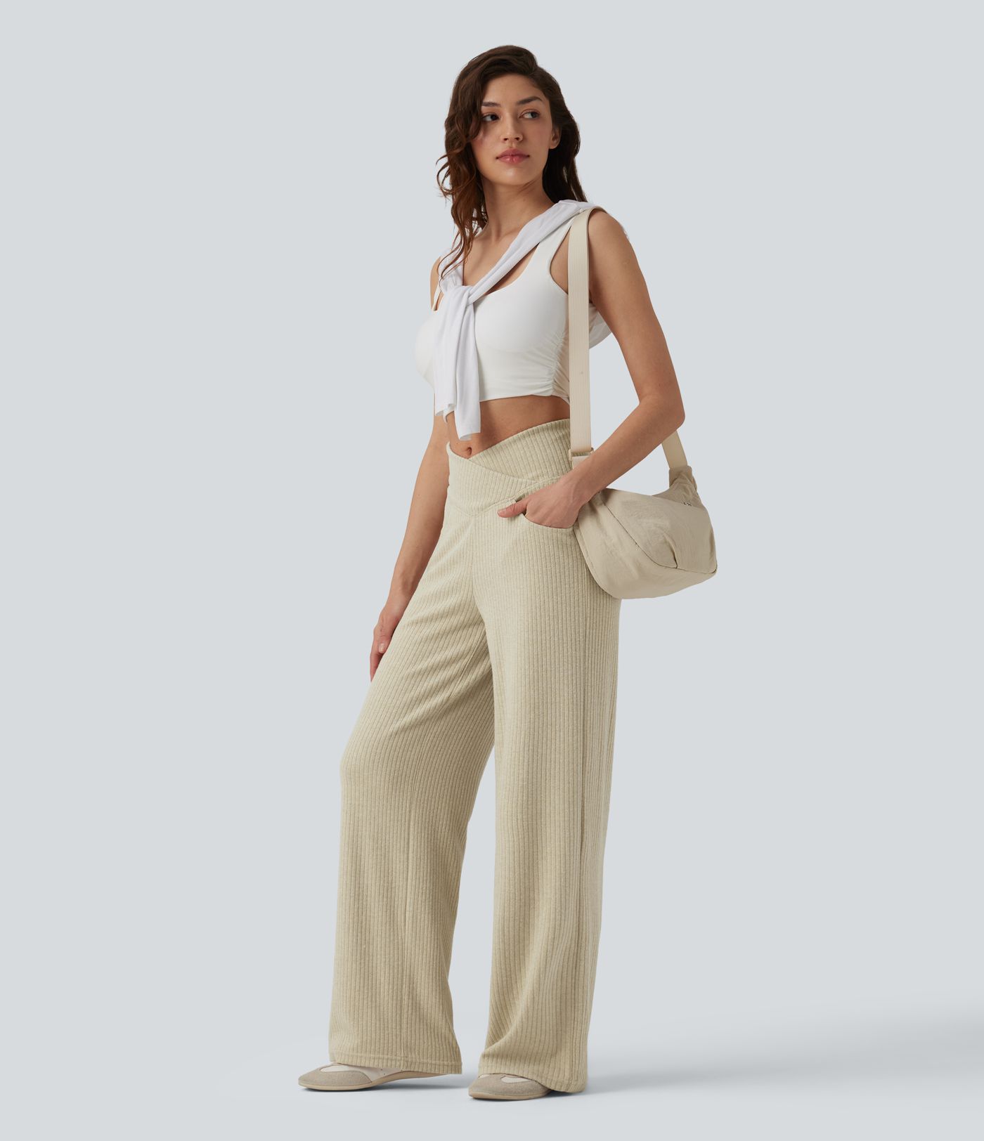 Ribbed Knit High Waisted Crossover Tummy Control Straight Leg Casual Pants with Pockets