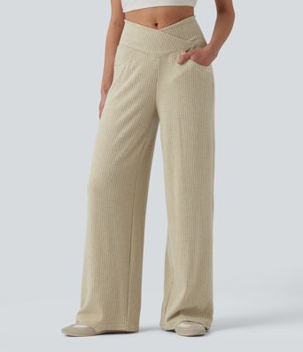 Ribbed Knit High Waisted Crossover Tummy Control Straight Leg Casual Pants with Pockets