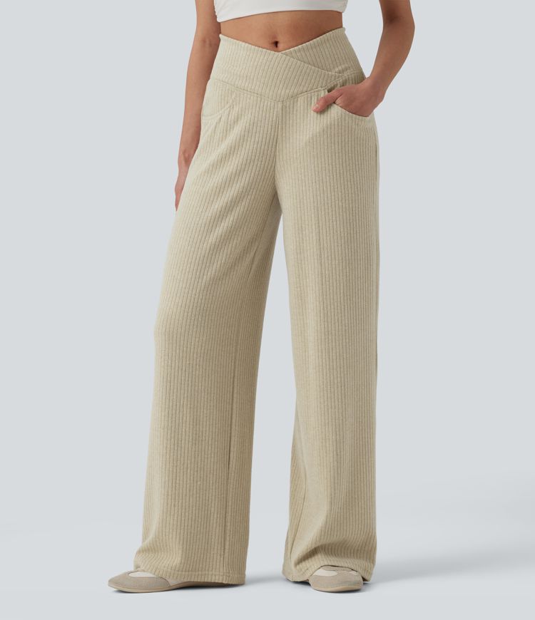 Ribbed Knit High Waisted Crossover Tummy Control Straight Leg Casual Pants with Pockets