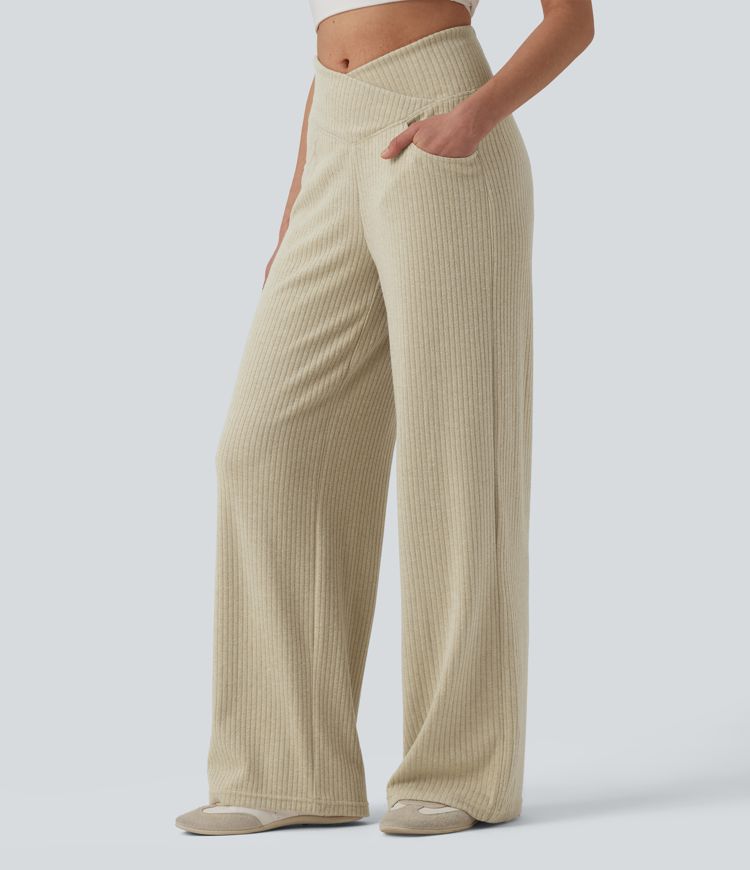 Ribbed Knit High Waisted Crossover Tummy Control Straight Leg Casual Pants with Pockets