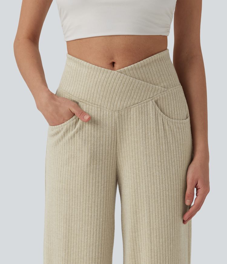 Ribbed Knit High Waisted Crossover Tummy Control Straight Leg Casual Pants with Pockets