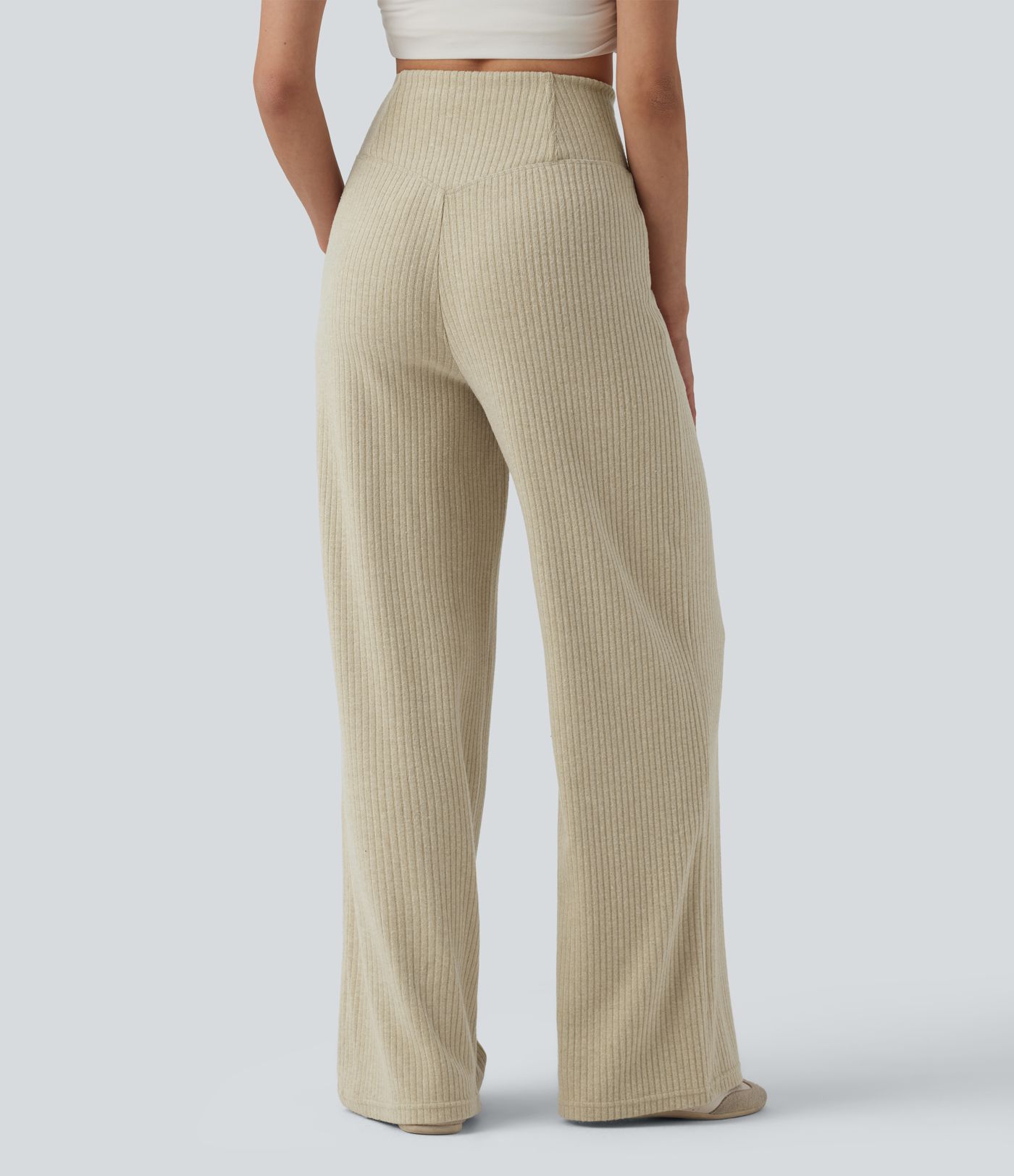 Ribbed Knit High Waisted Crossover Tummy Control Straight Leg Casual Pants with Pockets