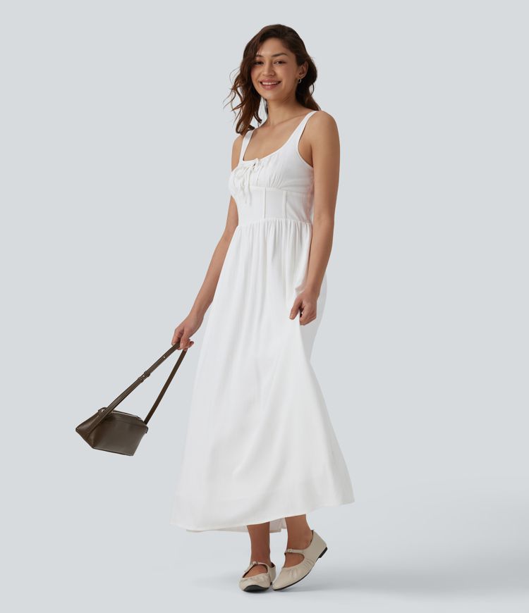Robe midi décontractée à effet lin, encolure en U, corset et lien à nouer sur le devant