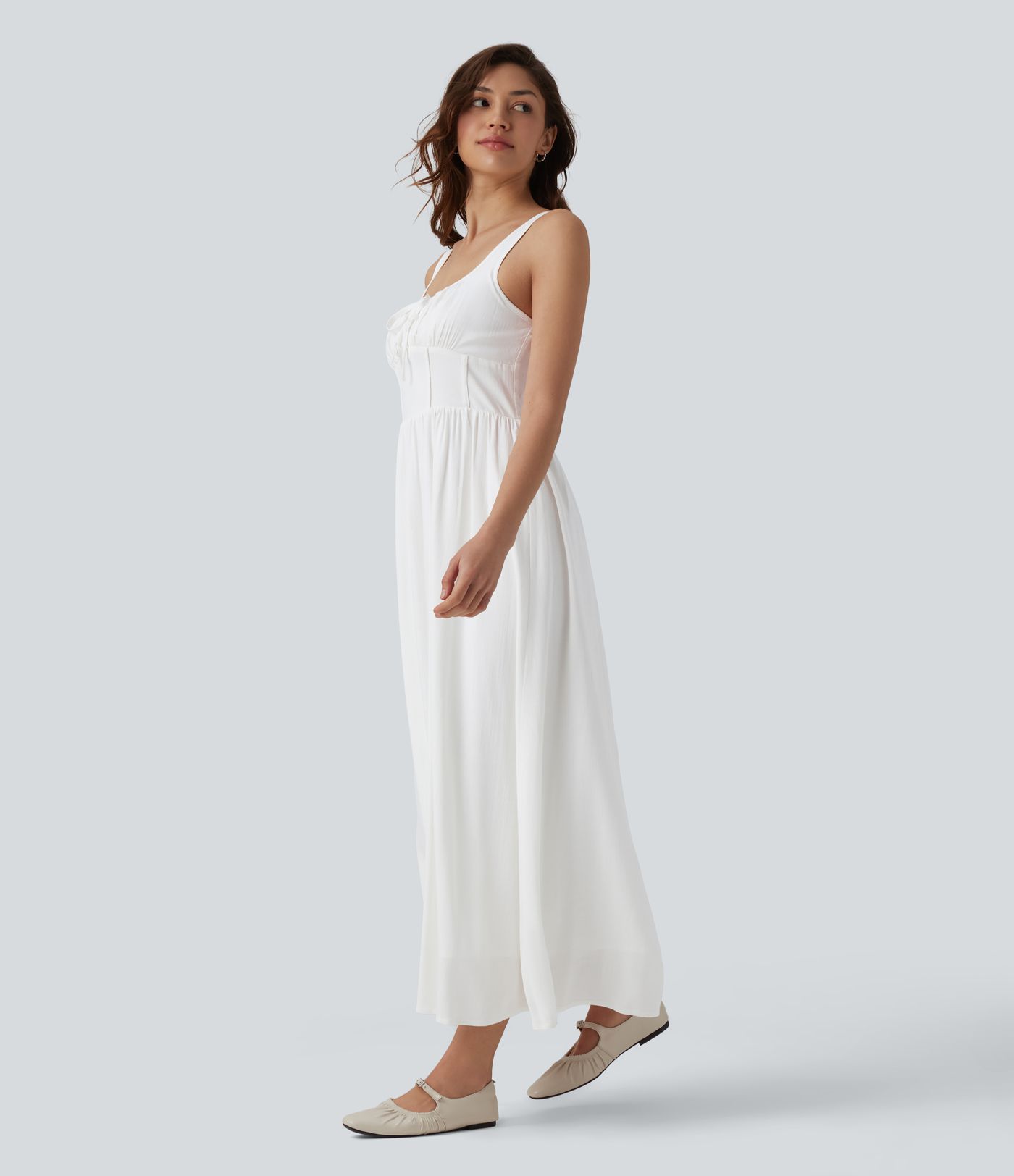 Robe midi décontractée à effet lin, encolure en U, corset et lien à nouer sur le devant