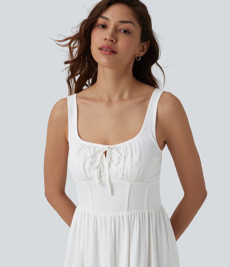 Robe midi décontractée à effet lin, encolure en U, corset et lien à nouer sur le devant
