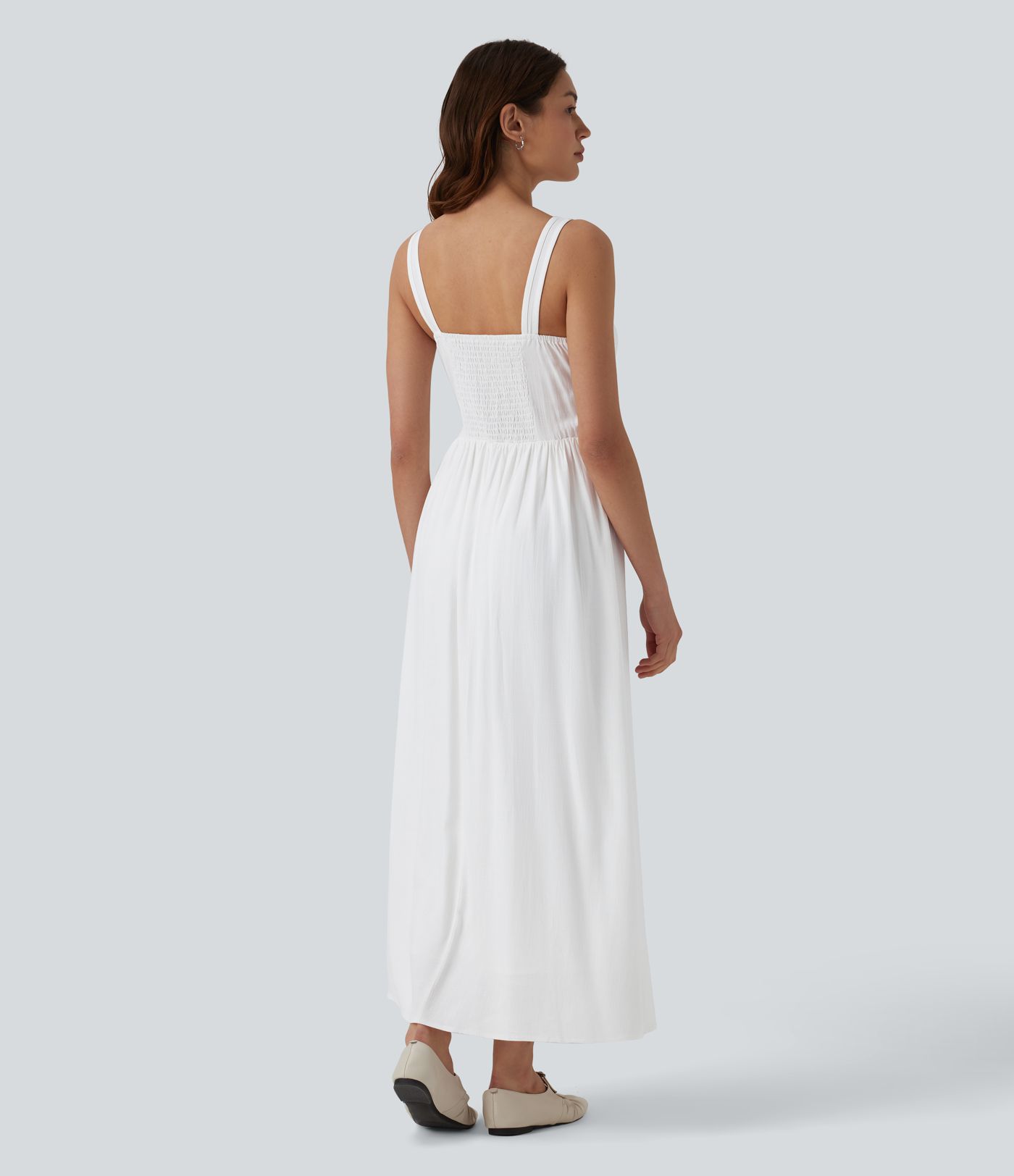 Robe midi décontractée à effet lin, encolure en U, corset et lien à nouer sur le devant