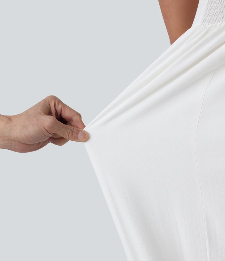 Robe midi décontractée à effet lin, encolure en U, corset et lien à nouer sur le devant