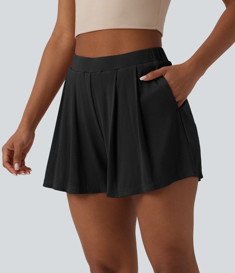 Ribbstickade, högmidjade 2-i-1 vardagsshorts med fickor