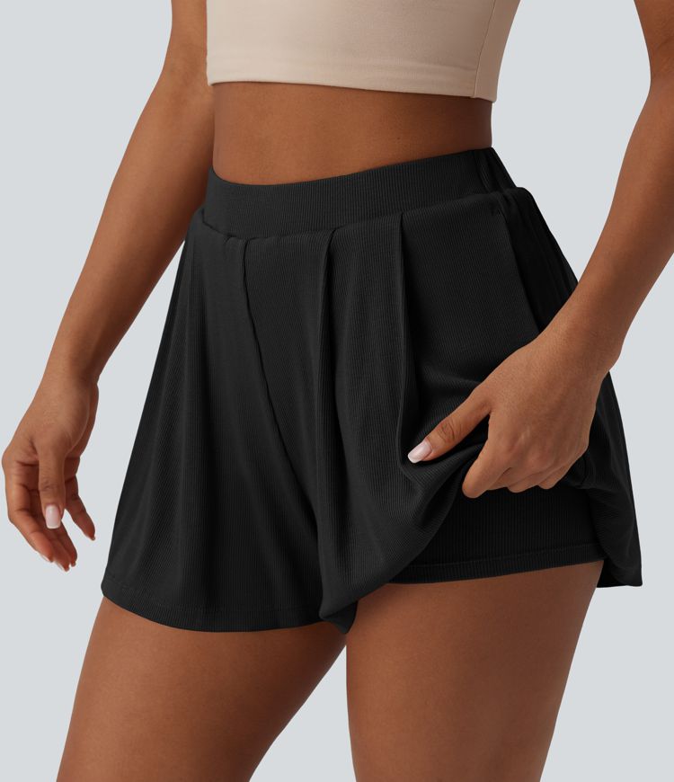 Ribbstickade, högmidjade 2-i-1 vardagsshorts med fickor