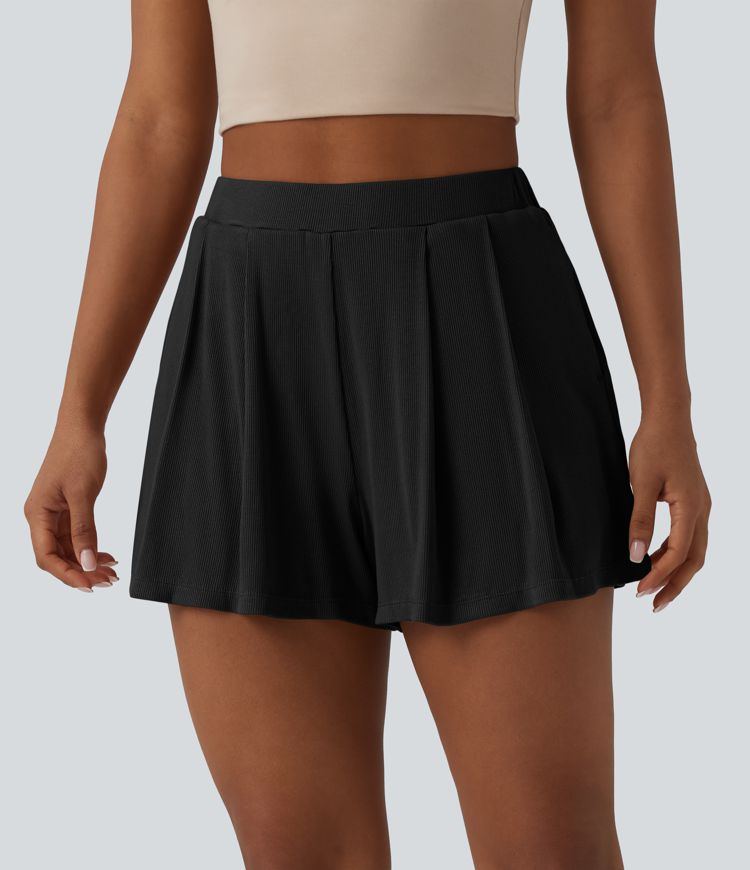 Ribbstickade, högmidjade 2-i-1 vardagsshorts med fickor