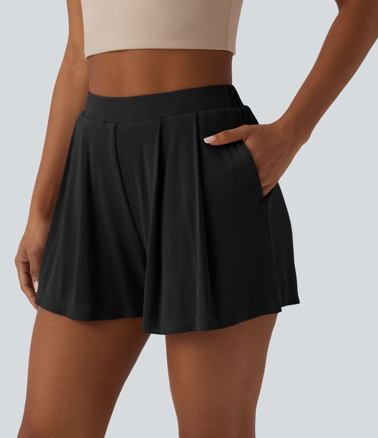 Ribbstickade, högmidjade 2-i-1 vardagsshorts med fickor