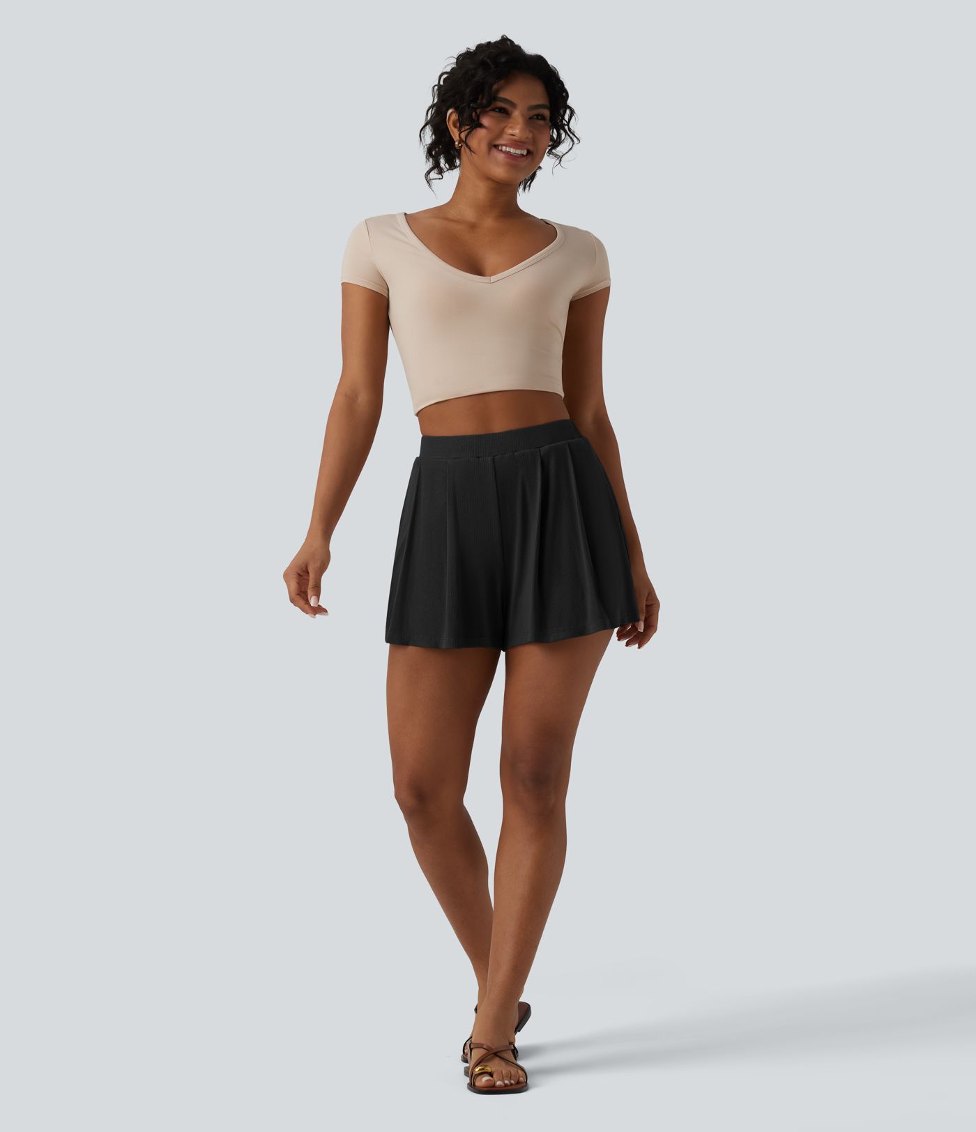 Ribbstickade, högmidjade 2-i-1 vardagsshorts med fickor