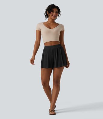 Ribbstickade, högmidjade 2-i-1 vardagsshorts med fickor