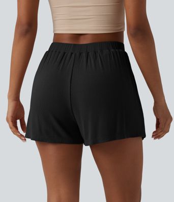 Ribbstickade, högmidjade 2-i-1 vardagsshorts med fickor